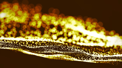 Gold glitter particles explosion and twist.Glowing shiny dots.