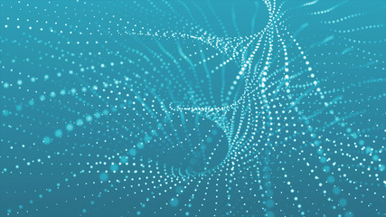 Twisting particles lines on a blue ocean background. Power motion. Deep underwater abstract particles, dots and lines