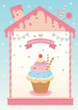 Rainbow cupcake decorated in sweet house cafe design with strawberry pink syrup wafer and toppings design for Happy Birthday card on blue background.