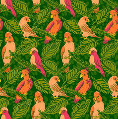 Obraz premium Summer Vector Seamless Pattern. Cartoon Illustration Parrots, Cockatoo and Leaves in pink and green