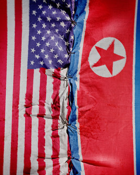 Two flag. United States - North Korea relations. Communism and democracy