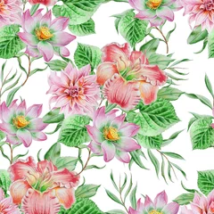Fotobehang Seamless pattern with flowers. Lily.  Lotos. Watercolor illustration. Hand drawn. © redneks