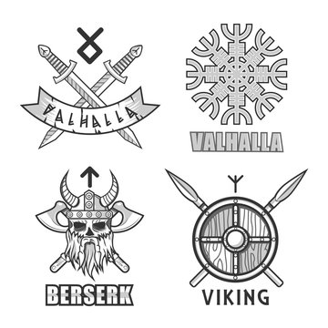 Authentic vikings themed logo isolated monochrome illustrations set