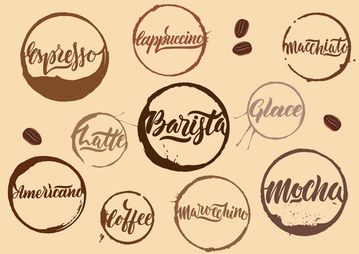 Handwritten vector brown calligraphic coffee names in rings of stains on beige background. Concept for stamp, menu design, packaging, logo.