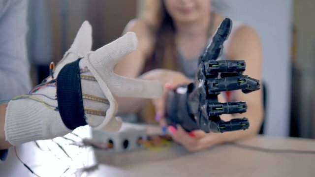 Bionic arm is making some movements. Artificial arm mechanism is being tested. 4K.