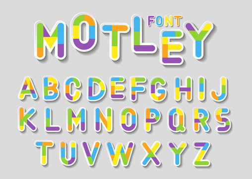 Concept of vector holiday alphabet. Colorful 3d letters with white outline and geometric fill.