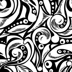 Seamless abstract pattern. Seamless pattern from hand-drawn objects. Seamless pattern from doodles. Black and white. Use as a background for packaging, postcards, wallpaper, prints on fabric, etc.