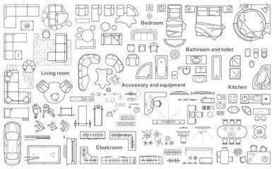 Set of furniture top view for apartments plan. The layout of the apartment design, technical drawing. Interior icon for bathrooms, living room, kitchen, bedroom, hallway . Vector illustration. - obrazy, fototapety, plakaty
