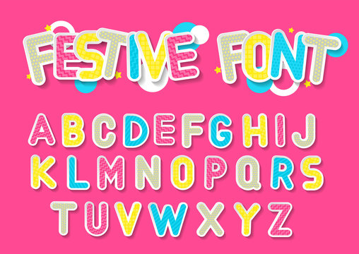 Concept of vector festive alphabet. Color 3d letters with white outline and hatching on pink background.
