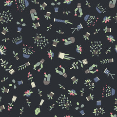 Seamless pattern with indoor plants on dark background. Vector background illustration.