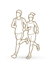 Man and woman running together, marathon runner outline stroke graphic vector