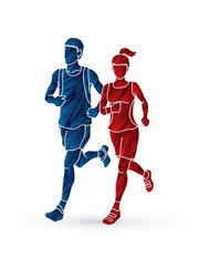Plakat Man and woman running together, marathon runner designed using blue and red grunge brush graphic vector
