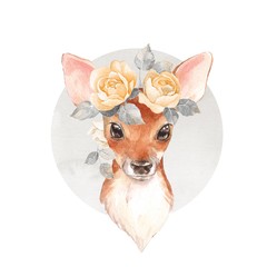 Baby Deer and flowers. Hand drawn cute fawn. Watercolor illustration - obrazy, fototapety, plakaty