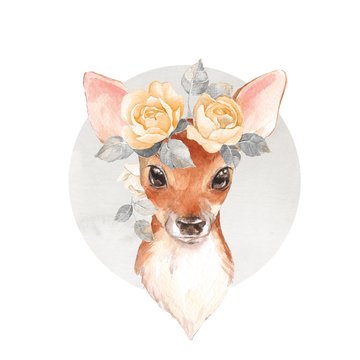 Baby Deer and flowers. Hand drawn cute fawn. Watercolor illustration