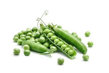 Ripe green peas on a white background. An isolated object.