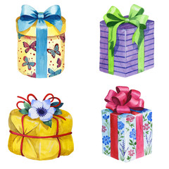 Watercolor birthday gift box illustration. Wrapped gift boxes with a ribbon.