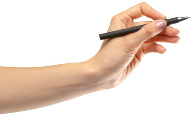 Female hand on a white background with a pen