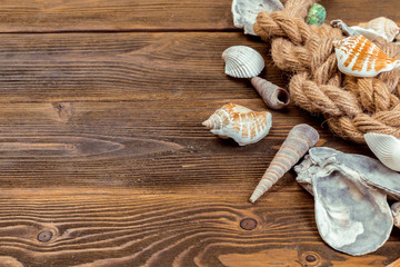 Seashells border on wood. Marine background
