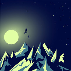 Obraz na płótnie Canvas Moonlight, the moon. Rocky emerald mountains. Night landscape. Flickering stars. Eagles in flight. Tourism and wild nature. Vector image.