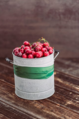 Fresh red cherries in bucket