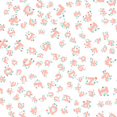 Fototapeta na wymiar Vector seamless pattern of hand-drawn children's alphabet decorated with flowers. 3D doodle letters. ABC font background illustration for kids.