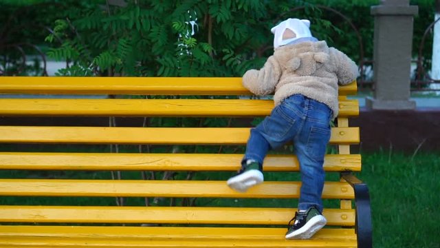 Child stands alone on a bench