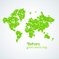 Vector illustration of Nature green map of the world with leaves on a white background. Bright poster on eco theme