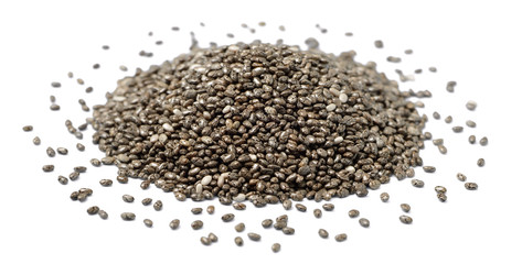 raw chia seeds isolated on the white background,(large depth of field, taken with tilt shift lens)