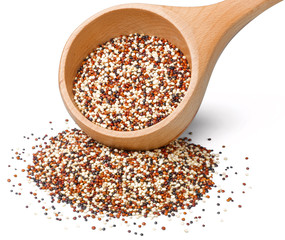 dried quinoa in the wooden spoon on the white background, (large depth of field, taken with tilt shift lens)