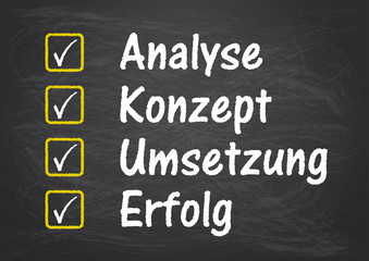 Obraz premium Kreidetafel mit Checkliste Analyse Konzept Umsetzung Erfolg