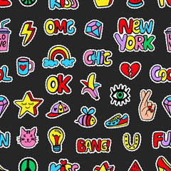 Seamless pattern with fashionable patch badges set, on black background