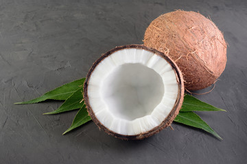 Healthy food. Fresh coconut with green palm leaves