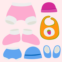 Vector baby clothes icon set design textile casual fabric colorful dress child garment wear illustration.