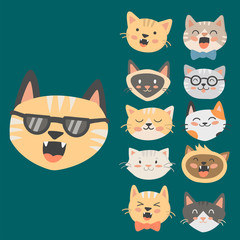 Obraz premium Cats heads vector illustration cute animal funny decorative characters feline domestic trendy pet drawn