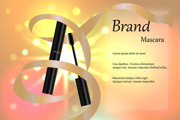 Black mascara with eyebrow brush on the delicate background of pastel tones with light and bright spots with a ribbon around it. Banner, poster, advertising. 3D vector illustration