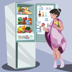 Woman near refrigerator thinking what to eat.