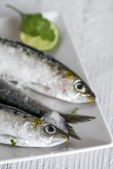 Fresh raw fish on wooden board. Background. From above