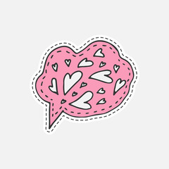Isolated vector illustration in patch style. Speaking cloud hand drawn sticker with hearts.