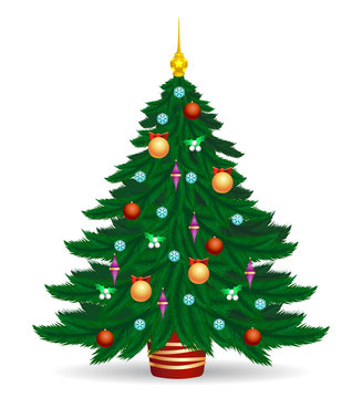 Christmas tree vector illustration. Decorated colorful traditional xmas trees symbol with bright lights and balls isolated on white background