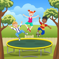 Happy jumping kids on trampoline in backyard. Funny children on courtyard playground vector illustration