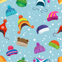 Retro winter clothes seamless pattern. Warm woolly and knitted hats vector background