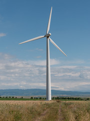 Wind turbine in wheat field under cloudy sky