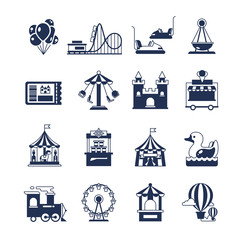 Carnival in amusement park with carousel and circus. Attractions vector icons