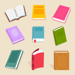 Flat vector books and reading documents. Open science textbook, encyclopedia and dictionary icons