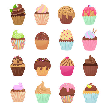 Delicious cupcakes and muffins vector cartoon set