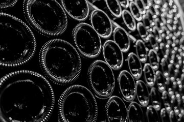 Stacked wine bottles. Black and white version