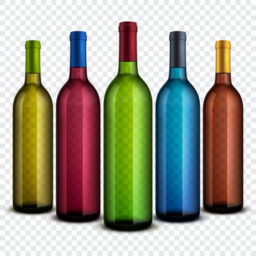Realistic transparent glass wine bottles isolated on checkered background vector set