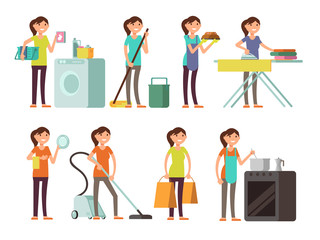 Cartoon housewife in housework activity vector set. Happy woman performing household