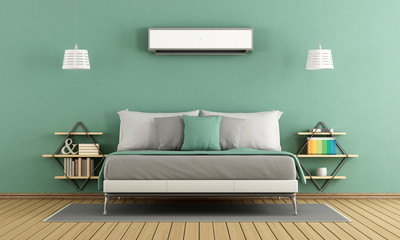 Green modern bedroom - obrazy, fototapety, plakaty