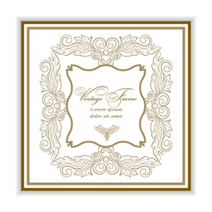 Vintage Greeting card for wedding, birthday and other holidays. Decorative Gold frame.